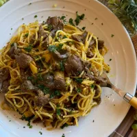 豚ハツのスパイシーカレー炒めパスタ