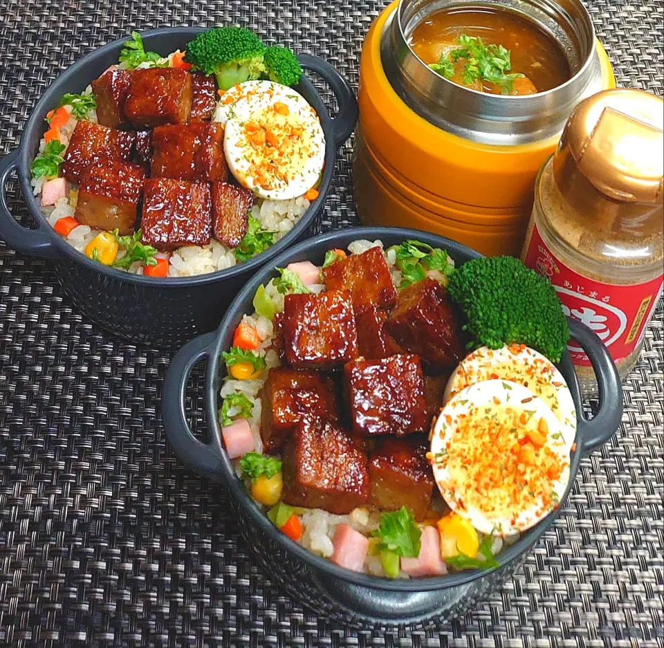 母とムスコのラブラブおソロ♪サイコロマルシン＆あじまるカレースープ弁当|からあげビールさん