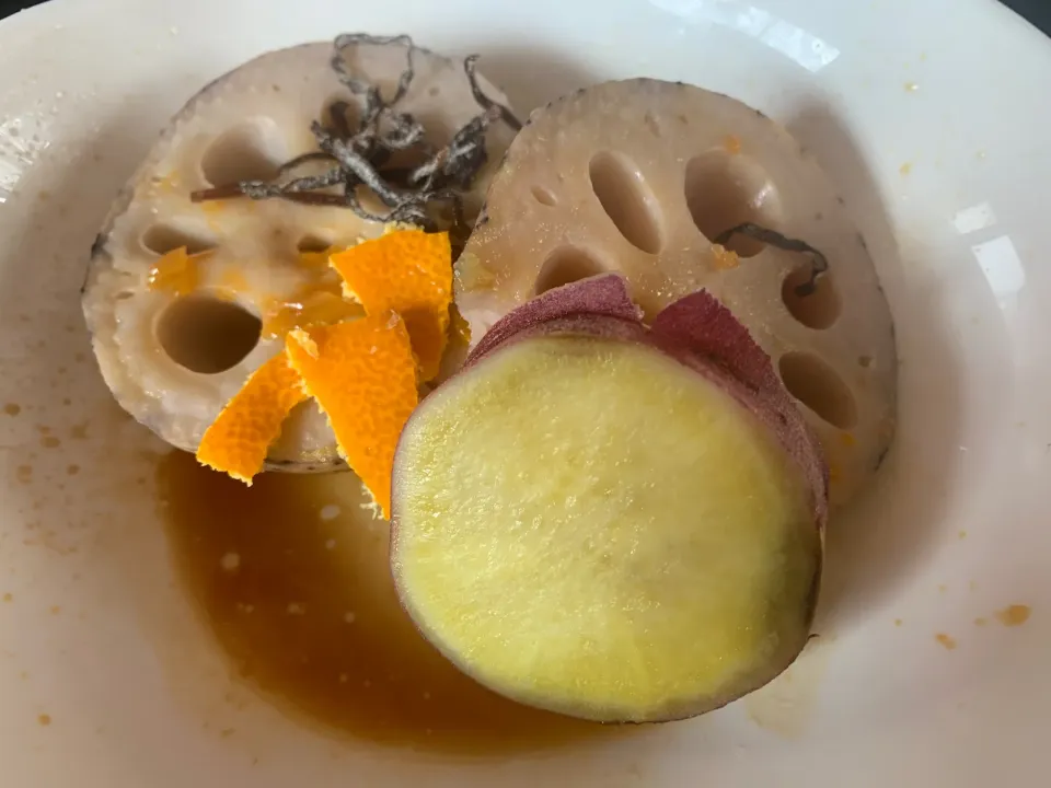 蒸しれんこんと蒸しさつまいも　みかんポン酢|そらまめさん