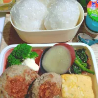 高校生運動部弁当（おにぎり２つ、おかず数品）、豆乳|rinchusさん