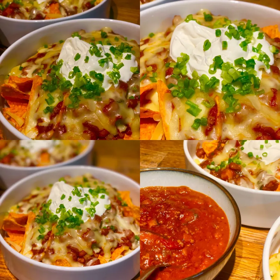 Dinner ! Dinner ! 
Loaded Nachos topped with Homemade Chili ️ with Mozzarella cheese , Sour Cream and chives with a bowl of hot  chili 
#nachos #chili #home|Emanuel Hayashiさん