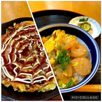 お好み焼きとえび玉丼