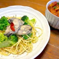 牡蠣のオイル漬けペペロンチーノとミネストローネ|n_nさん