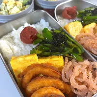 だし巻き玉子　イカリング　ピーマン塩昆布炒め🫑糸蒟蒻明太まぶし　ブロッコリー玉子マスタードサラダ|まゆさん