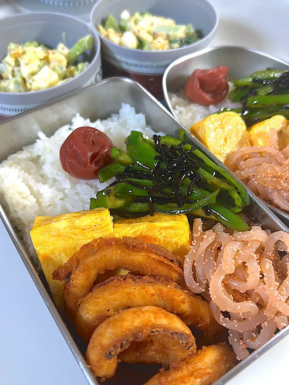 だし巻き玉子　イカリング　ピーマン塩昆布炒め🫑糸蒟蒻明太まぶし　ブロッコリー玉子マスタードサラダ|まゆさん