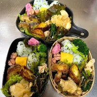 #毎日のお弁当記録。大根葉おにぎり、大根厚揚げ炒め、椎茸揚げ、春菊いりこあえなど。|じゅんちゃんさん