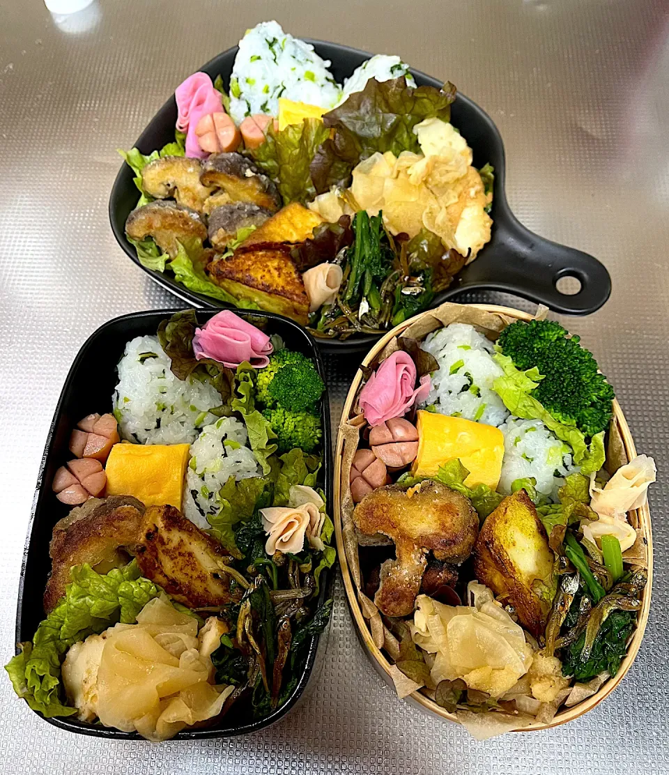 #毎日のお弁当記録。大根葉おにぎり、大根厚揚げ炒め、椎茸揚げ、春菊いりこあえなど。|じゅんちゃんさん