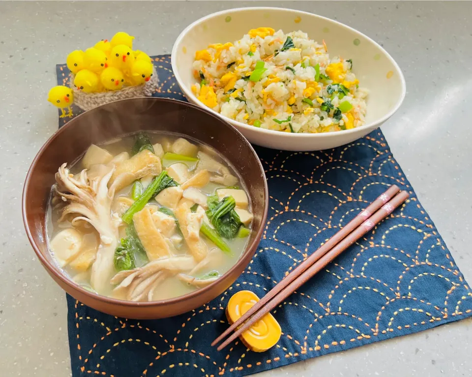 「ごまだし汁＆小松菜と桜えびのチャーハン」|バシュランさん