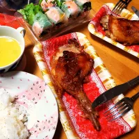 チキンレッグ、生春巻き、コーンスープ|さきさん