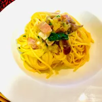 ✩.*˚なめことベーコンのパスタ| ゆきえもんさん