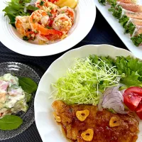 ガーリックシュリンプとやわらかトンテキ