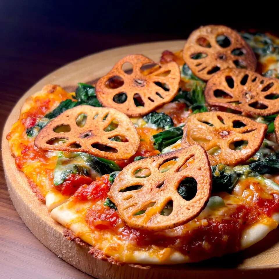 💫レシピ💫レンコンとほうれん草のピザ|biskesさん