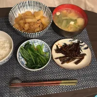 豚バラ大根・ゴボウの甘辛焼き・壬生菜のおひたし・青菜と豆腐と油揚げの味噌汁|a-parkさん