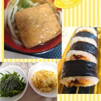 旦那さん作うどんと私作は野菜2品、買った巻き寿司の昼|m.rafuさん