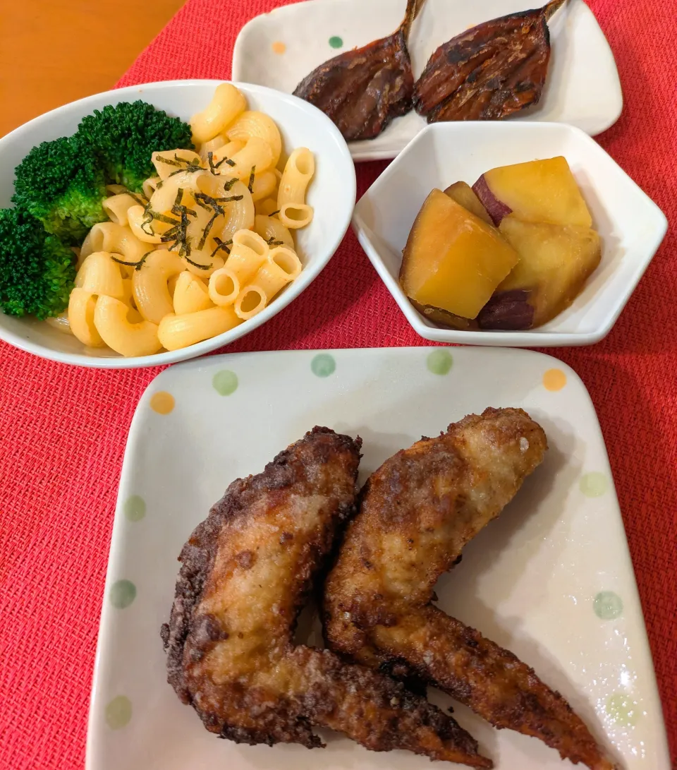 ☆手羽先唐揚げ　☆明太子マカロニ　☆さつまいも甘辛煮　☆アジみりん干し|chikakoさん