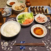 ご飯、焼き餃子、鳥もも串,ねぎま,鳥もも肉&にんにく串,鶏つくね串、サラダ、里芋の煮物、つるし焼豚スライス、たまり漬けらっきょう、六条麦茶、練乳&カシスジャムかけ手作り牛乳ゼリー(夕飯)|enarinさん