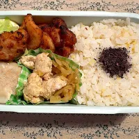 鶏の唐揚げ、切干大根つくね煮、レタスマヨ、しゅうまい|おかーたまさん