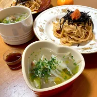 全粒粉パスタで辛子明太子スパ＊もやしオクラ菊芋パセリのスープ＊野草酵素＊みかん|さくたえさん