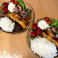 酒の西京焼き　砂肝とニンニクの芽の葱油炒め　チャーシュー　マカロニポテサラ　いちご|そのみさん