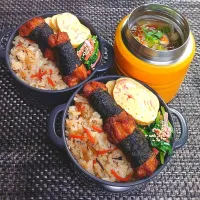 母とムスコのラブラブおソロ♪肉団子ときのこの中華とろみスーブ＆混ぜごはん乗っけ弁当