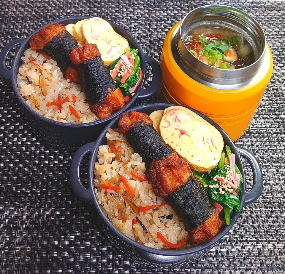 母とムスコのラブラブおソロ♪肉団子ときのこの中華とろみスーブ＆混ぜごはん乗っけ弁当|からあげビールさん