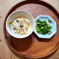季節の朝ご飯　むかごご飯と菜っ葉とベーコン炒め物|kazさん