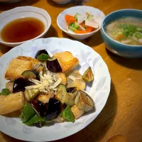 あじ竜田となすの揚げ出し風と、根菜の甘酢漬けと、豚汁|もえさん