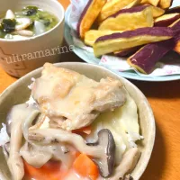 ＊チキンフリカッセのせごはんとさつまいも揚げ♪＊|ultramarineさん
