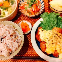 チキン南蛮、トマトと玉ねぎのサラダ、鶏白湯鍋、明太子、十六穀米、シナノスイート🍎| samさん