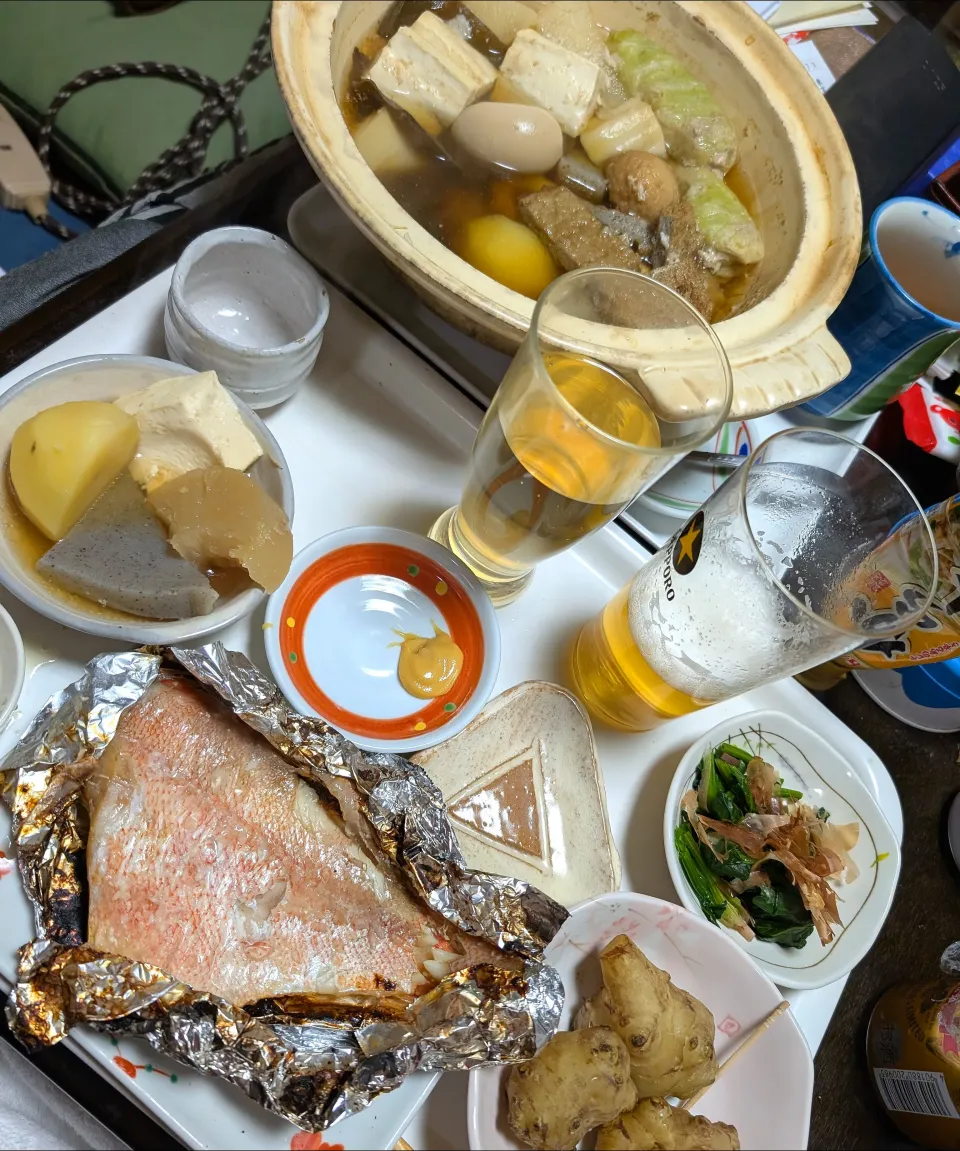 12/5（金）夕食。おでん。赤魚の粕漬。菊芋。ほうれん草のお浸し。|へいちゃんさん