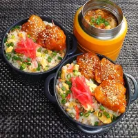 母とムスコのラブラブおソロ♪かに玉炒飯＆麻婆豆腐弁当