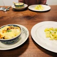 マカロニグラタン（クリームシチューのリメイク）、キャベツのアンチョビソテー|タロッカ主夫見習いさん