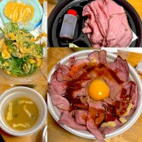 ローストビーフ丼特　ネギ明太　味噌汁|るみおんさん