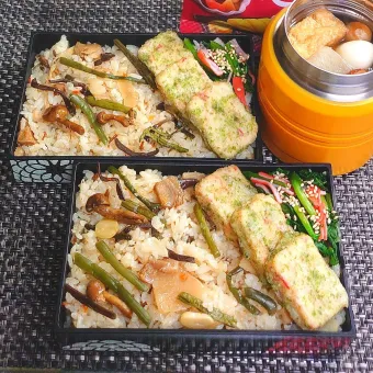 Snapdishの人気料理写真:母とムスコのラブラブおソロ♪憧れのホカホカおでん＆山菜ご飯弁当
