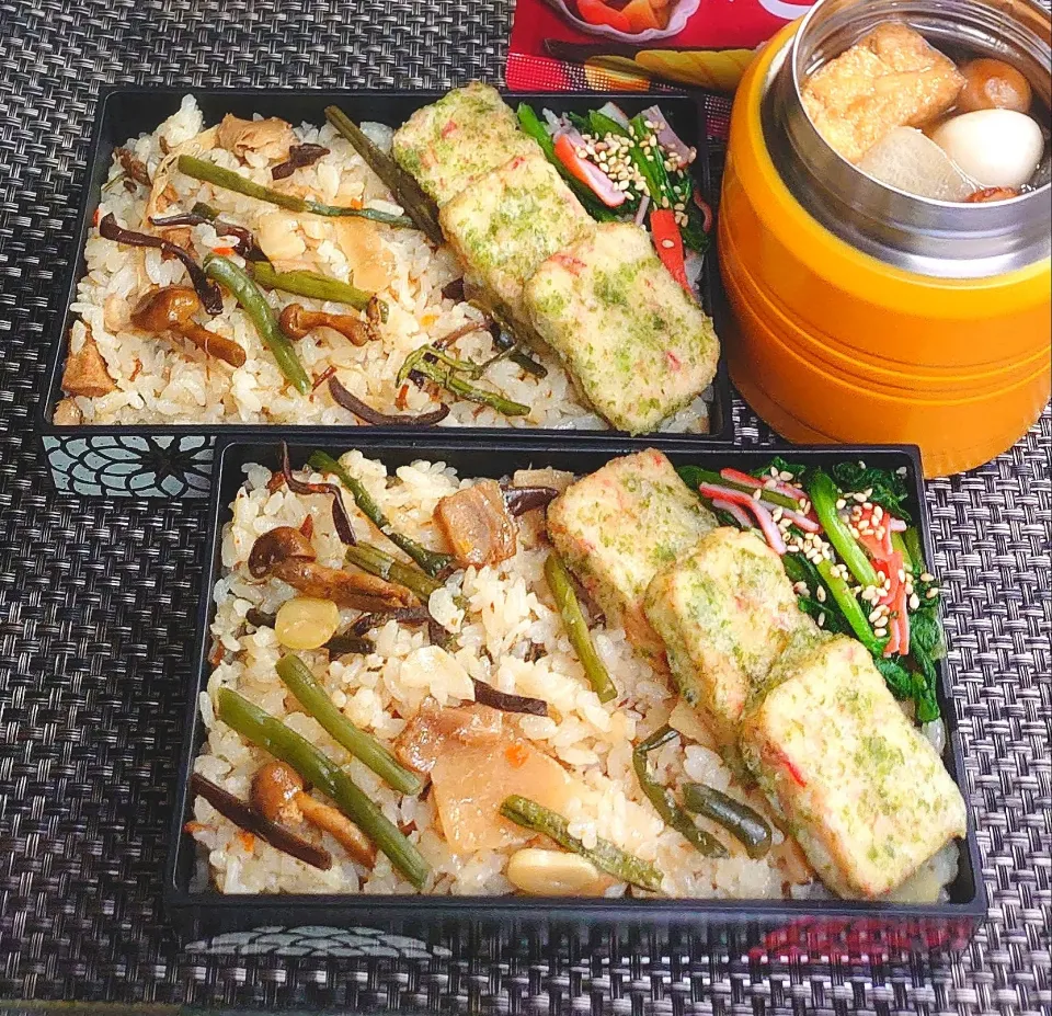 母とムスコのラブラブおソロ♪憧れのホカホカおでん＆山菜ご飯弁当|からあげビールさん
