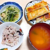 2025 1211　春巻き　ホタテ缶と水菜のさっと煮　豆腐とわかめのお味噌汁|いもこ。さん