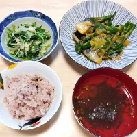 2025 1210　さばとピーマンのねぎみそ炒め　ホタテ缶と水菜のさっと煮　もずくスープ|いもこ。さん