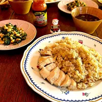 晩ごはん♯海南チキンライス♯シンガポールチキンライス♯大豆とほうれん草マリネ|小松菜さん