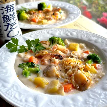 Snapdishの人気料理写真:とんちんさんの料理 はまぐりで海鮮クラムチャウダー ~ヤマサHappy recipe