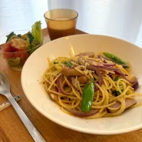 スナップエンドウとソーセージのペペロンチーノセット|pontalさん