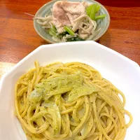 ジェノベーゼパスタ　豚肉と野菜蒸し|とゆあさん