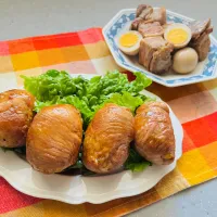 「肉巻きおにぎり＆角煮」