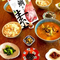 晩ごはん♯鯛めし♯豆腐チゲ♯野沢菜|小松菜さん