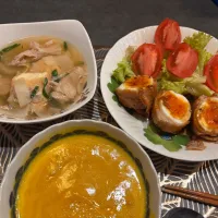 ゆで卵の肉巻き 自家製かぼちゃのスープ厚揚げと豚バラの煮物|あつこさん