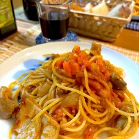 モツのトマト煮パスタ|かおポンさん