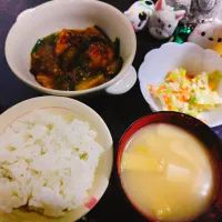 新米🌾、豆腐と油揚げのかき玉汁、ナスと鶏もものおろし煮、キャベツと人参のチーズ白和え| サトリさん