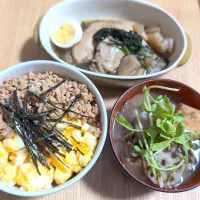 大豆ミンチと鶏ひき肉のハー＆ハーフのそぼろ丼／鶏手羽大根／豚汁|チョコさん