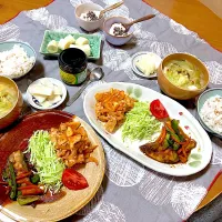 鰤と野菜の生姜焼き♡ガーリックポークチャップのミックスプレート