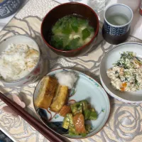 土鍋でごはん　柿と三つ葉の白和え　アボガドサーモン|卍さん