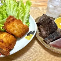 カツオのタタキとホッケフライ🐟|buhizouさん
